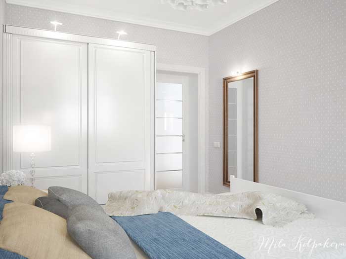 Белый шкаф купе в спальне в стиле минимализм. Элегантный дизайн обоев
