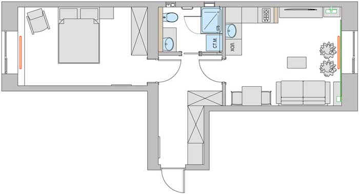 План перепланировки двухкомнатной квартиры с использованием кирпичных перегородок