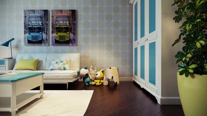 Белый шкаф с голубыми вставками в детской комнате для мальчика
