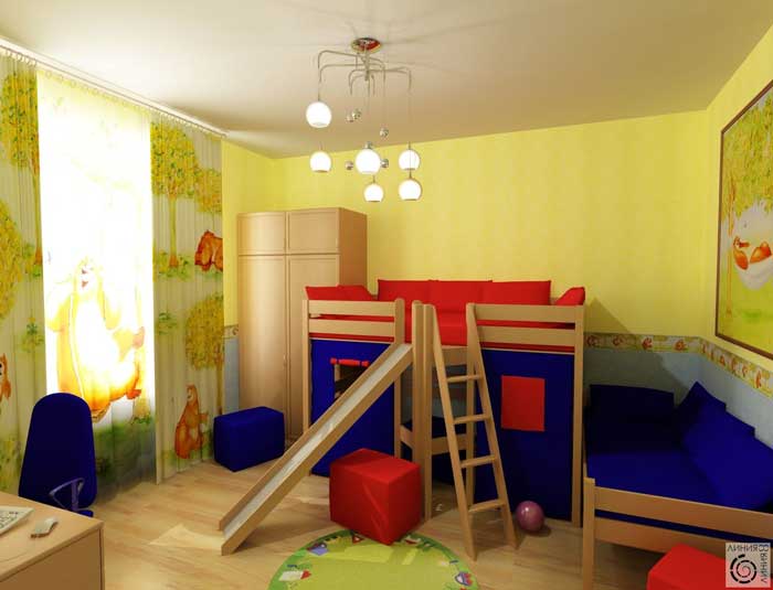 Дизайн детской комнаты для двух детей. 6, 7, 8 лет. Стены желтого цвета