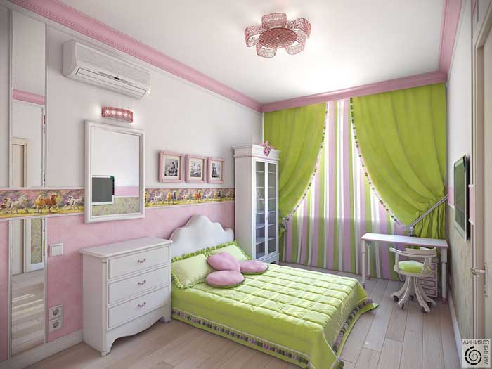 Детская комната для маленькой девочки. Розовый домик для принцессы. Мебель белого цвета
