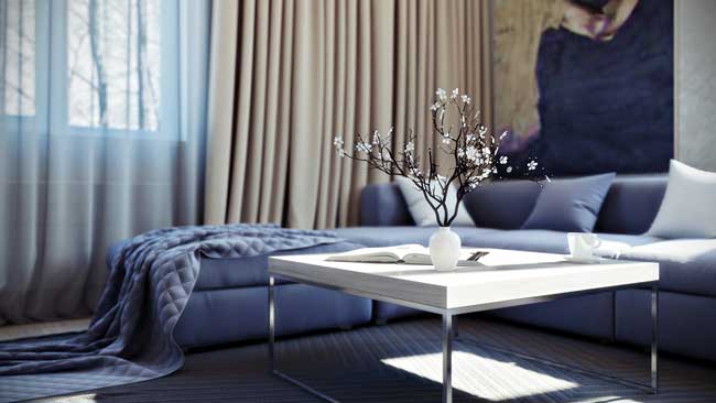 Синий угловой диван в современном дизайне хрущевки