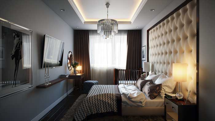 Спальня со встроенным шкафом и белым подвесным потолком из гипсокартона