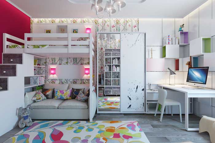 Детская комната для девочек с двухъярусной кроватью и шкафом купе