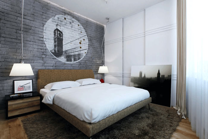 Дизайн маленькой молодежной спальни в стиле гранж с кирпичной стеной