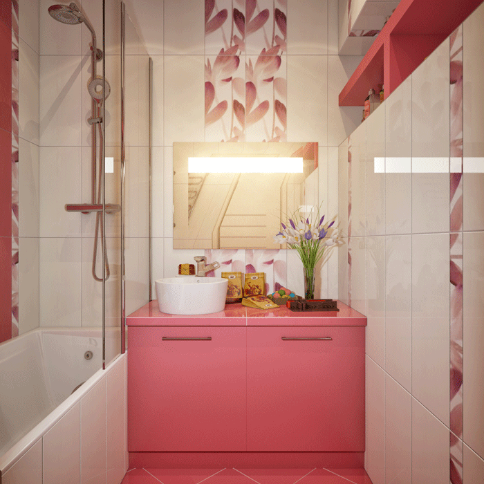 Отделка ванной керамической плиткой. Розовый шкаф. Зеркало со встроенным светильником