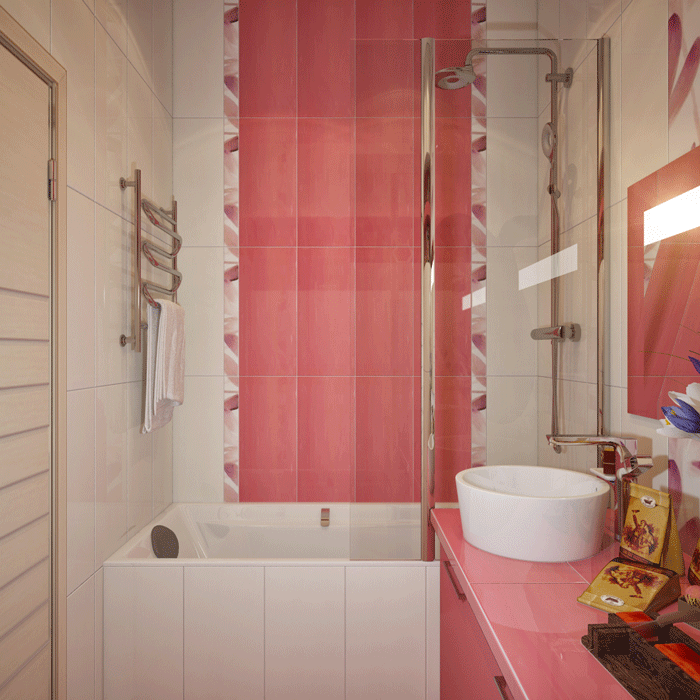 Дизайн розовой ванной комнаты. Сидячая ванна