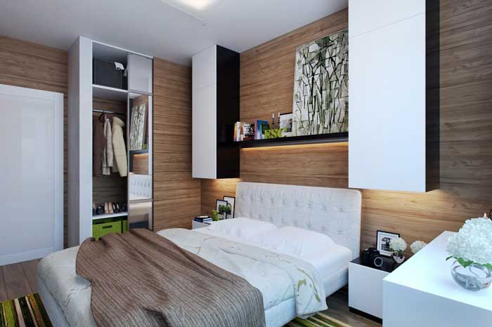 Дизайн маленькой спальни с настенными полками. Дизайн освещения спальни