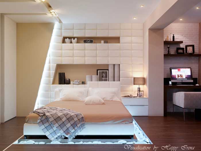 Дизайн красивой и современной спальной комнаты с подиумом и подсветкой пола