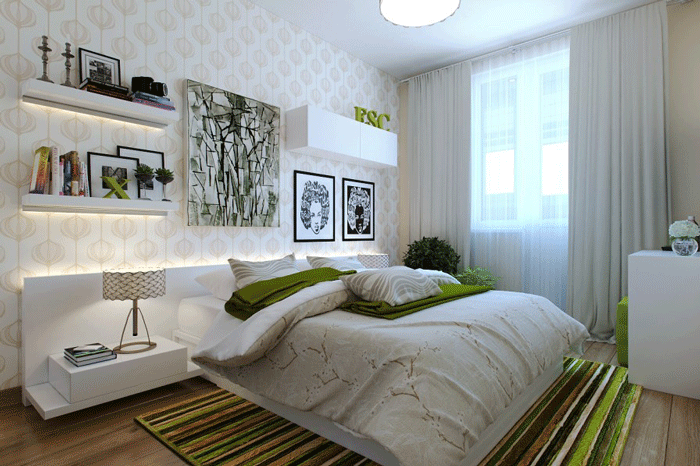 Спальня комната в современном стиле. На стенах бумажные обои