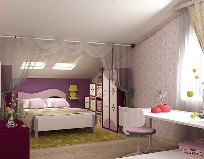 Детская комната для девочки на мансарде дизайн фото