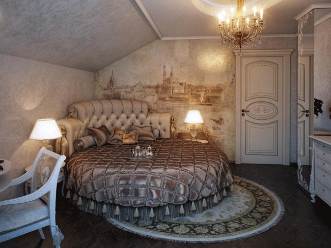 Круглая кровать в спальне. классический стиль