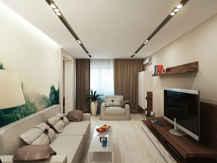 Дизайн гостиной в квартире. Потолок с подсветкой