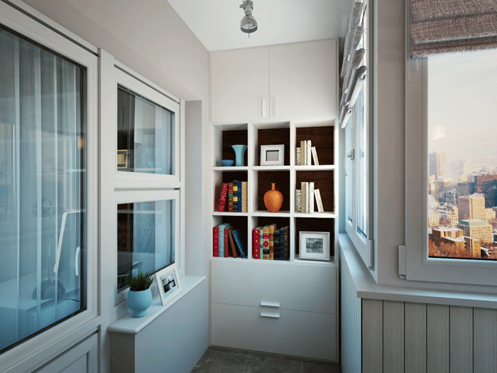 Шкаф с книгами на утепленном балконе в квартире