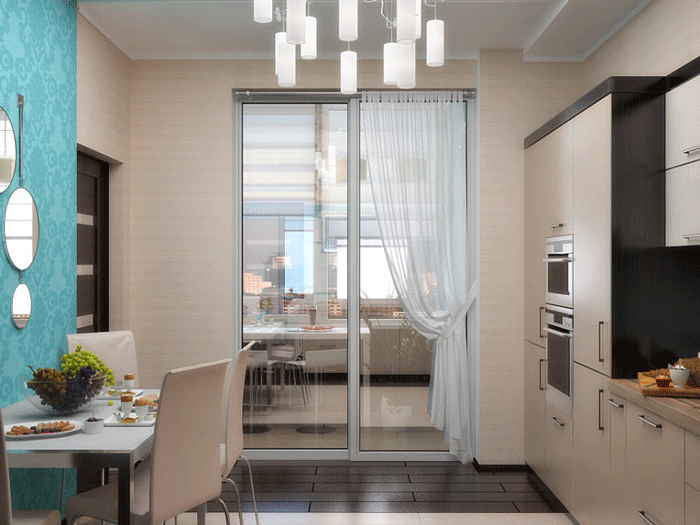Раздвижные стеклянные двери в дизайне кухни 