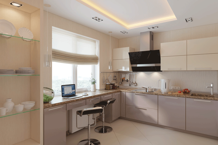 Дизайн светлой кухни. Потолок подвесной с подсветкой