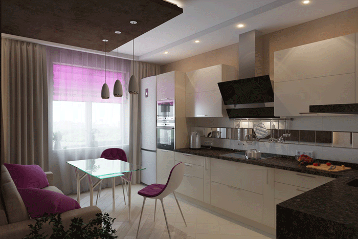 Дизайн кухни 9 кв.м. Потолок многоуровневый с подсветкой 