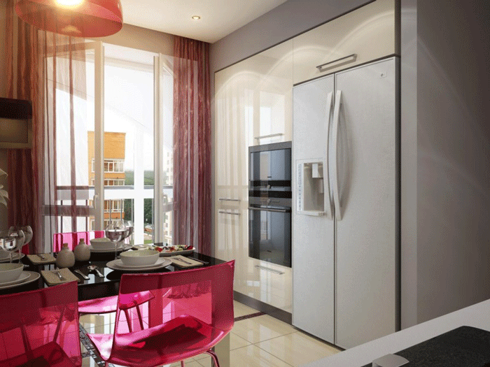 Встроенный духовой шкаф на кухне. Большие окна и модные шторы