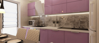 Дизайн кухни розового цвета. Узкая кухня