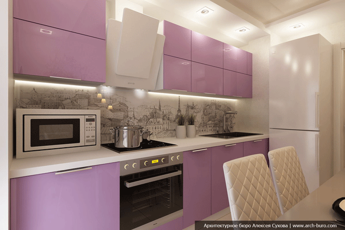 Современная кухня розового цвета. Встроенная плита и духовка. Фартук из фотообоев
