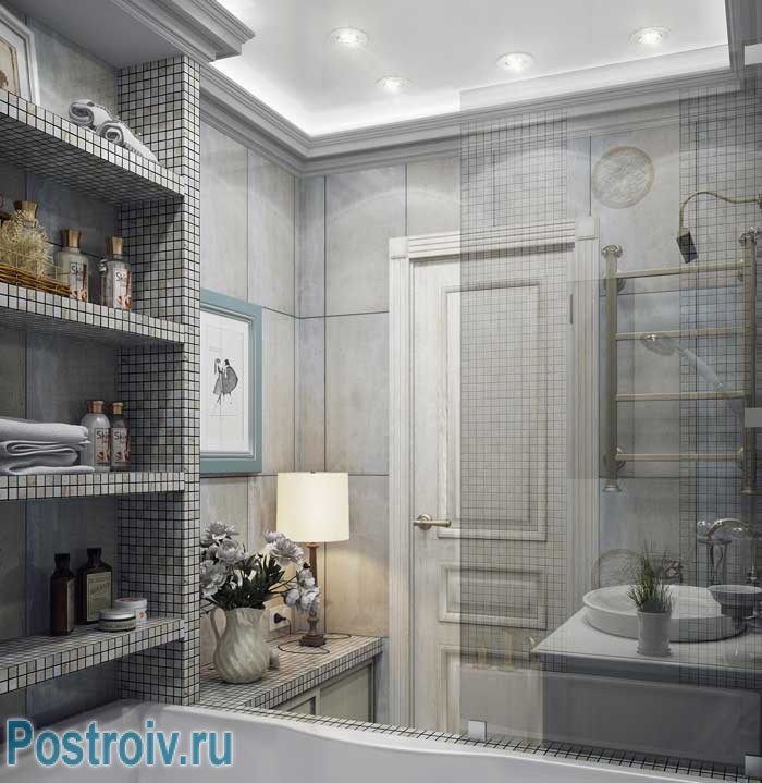 Дизайн современной ванной 3-4 кв. м. отделанной мозаикой. Точечные светильники на потолке