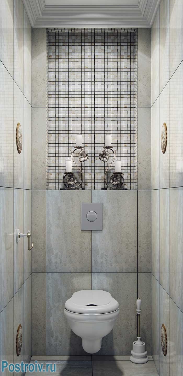 Дизайн маленького туалета 2, 3 кв. м. в современной классике. Подвесной унитаз