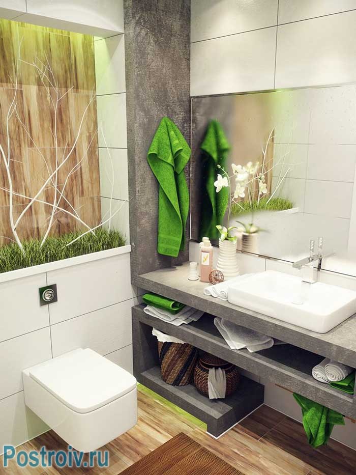 Дизайнерский интерьер ванной комнаты серого цвета. Фото