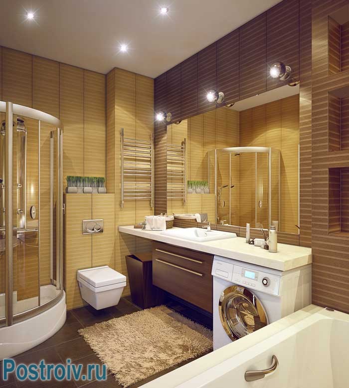 Дизайн ванной комнаты с ванной и душевой кабиной. Фото