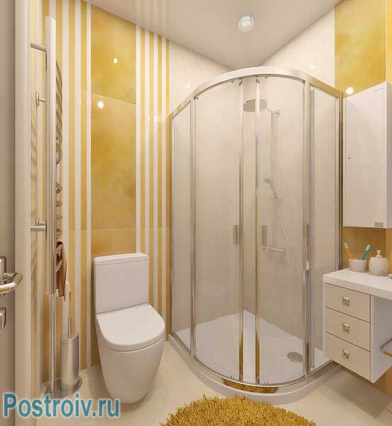 Дизайн ванной комнаты с душевой кабиной. Угловая полукругом