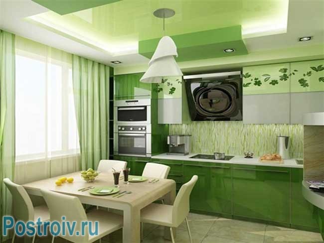 Интерьер кухни в зеленом цвете. Фото