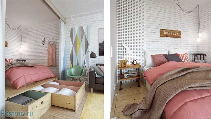 Спальня в скандинавском стиле с модным торшером - Фото