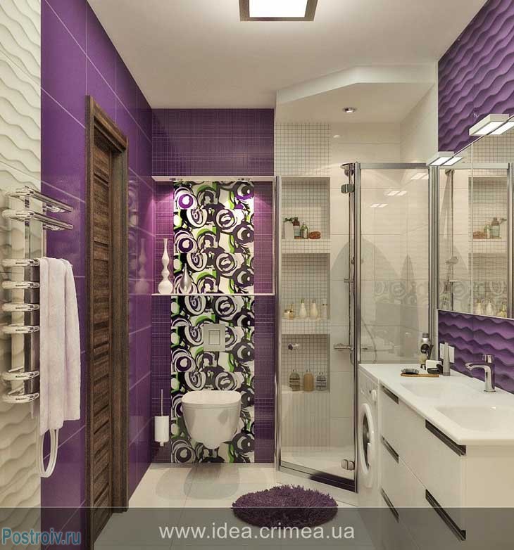 Дизайн сиреневой ванной комнаты с душевой кабиной и ванной. Фото