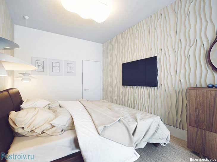 Дизайн светлой спальни 2015 с фактурной стеной. Фото
