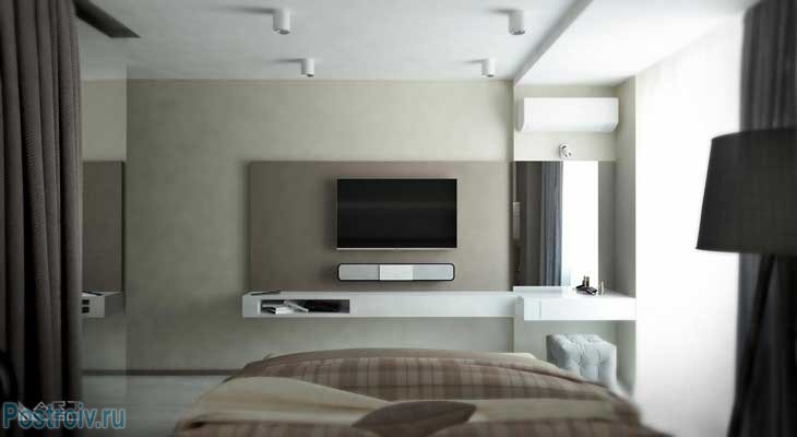 ТВ и саундбар в спальне.  Фото