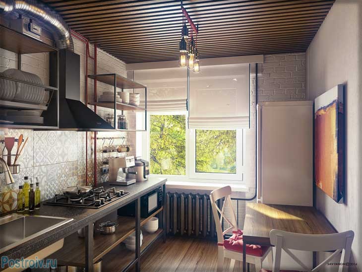 Дизайн маленькой кухни в стиле лофт. На окнах римские шторы - Фото