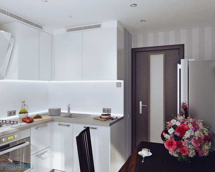 Дизайн кухни студии в белом цвете