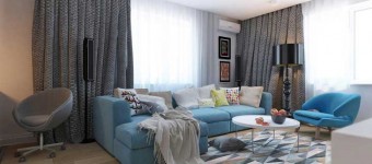 Дизайн 2 комнатной квартиры с голубым диваном. Фото