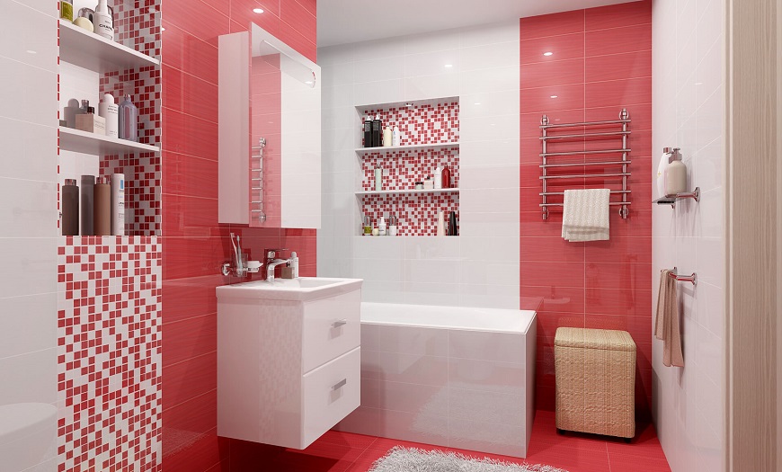 Красно-белая ванная комната. 