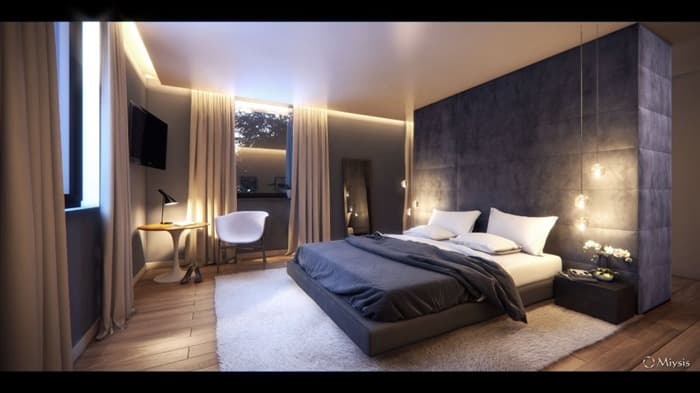 Спальная комната в современном стиле вечером